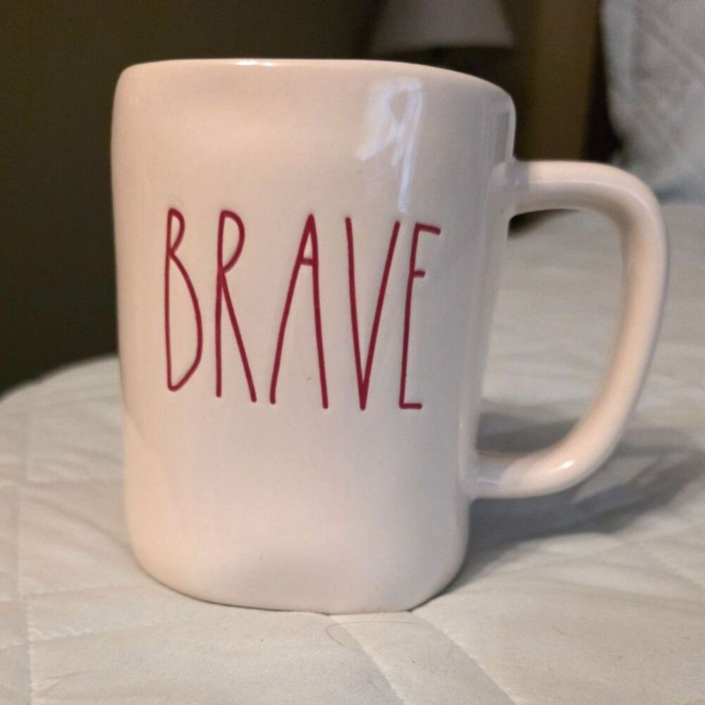 Rae Dunn BRAVE White Ceramic Coffee Mug Red Lettering Inspirational Mug